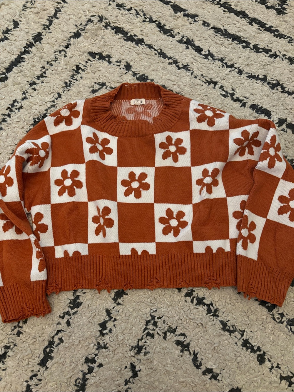 POL Rust and White Floral Checkerboard Crew Sweater